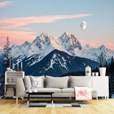 Imagem de Murais de parede de tamanho personalizado, cordilheira coberta de neve, floresta perene, tecido de parede autoadesivo rosado (sem PVC) Papel de parede grande removível para sala de estar, quarto