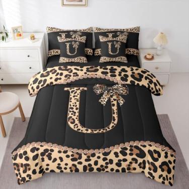 Imagem de Conjunto de edredom solteiro com estampa de leopardo com letra U | Conjunto de cama de 7 peças com laço de guepardo Coquete, moderno, moderno, moderno, em uma bolsa, conjunto de colcha de cama com