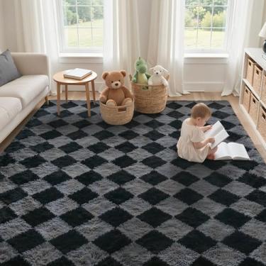 Imagem de GENIMO Tapete quadriculado, 20 x 25 cm, para quarto de crianças, macio, felpudo, tapete felpudo para sala de estar, berçário, sala de jogos, dormitório, decoração de casa moderna, estética, preto e