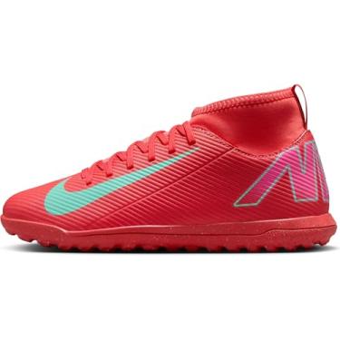 Imagem de Nike Tênis de futebol Jr. Mercurial Superfly 10 Club pequeno/grande infantil TF de cano alto (FQ8313-800, Ember Glow/Verde aurora), Ember Glow/Verde aurora, 15