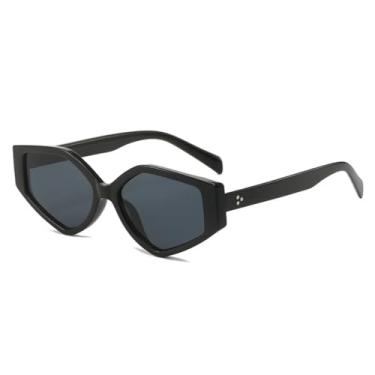 Imagem de Óculos de Sol Femininos Polygon Cat Eye com Lentes Degradê, Estilo Vintage com Rebites e Design Masculino (Preto e Cinza)