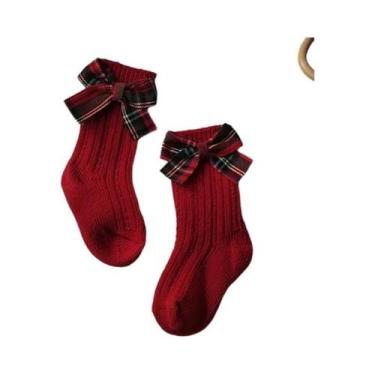 Imagem de Meias De Natal Para Meninas Com Laço Vermelho Em Algodão E Lã, Aqueced