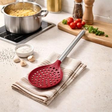 Imagem de Escumadeira de Silicone Cozinha Vinho Bordô Cabo Inox Elite Premium 34cm