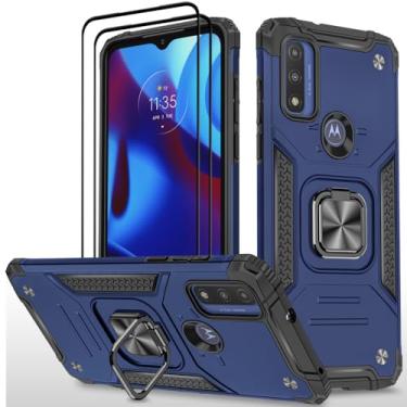 Imagem de HONG-AMY Capa para Moto G Play 2023 com 2 peças de protetor de tela de vidro temperado, grau militar duplo à prova de choque com suporte - azul