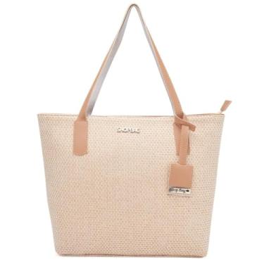 Imagem de Bolsa Feminina Sacola Grande de Palha, Couro Sintético, Retangular, 30x30x14cm, Alça Transversal Ajustável, Casual