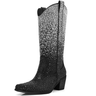 Imagem de DANAZANA Botas femininas de cowboy com strass, panturrilha, brilhante, cano médio, bico fino, salto em bloco, botas brilhantes com meio zíper, tamanho 6-11, Preto e prata, 37