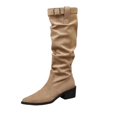 Imagem de Botas femininas casuais, modernas, lisas, de bico fino, plissadas, folgadas, de inverno, com fivela de cinto, botas altas de camurça, Caqui, 35