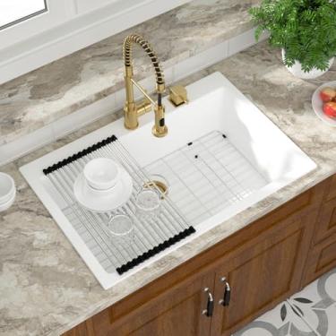 Imagem de Mocoloo Pia de cozinha composta de granito de 83 polegadas - Pia de cozinha branca de 84 x 56 x 24,5 cm, quartzo branco e preto, pia de cozinha com grade inferior e ralo