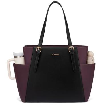 Imagem de LOVEVOOK Bolsa feminina para laptop com suporte de copo grande, bolsa de trabalho de couro para mulheres, pasta de computador profissional de 15,6 polegadas, bolsa de ombro para professores de