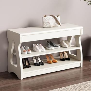 Imagem de Banco de sapato de entrada de madeira, banco de armazenamento rústico de 2 níveis, organizador de banco de sapateira, banco de canto para sala de estar corredor porta de mudroom (branco, 100 x 30 cm