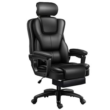 Imagem de Cadeira de escritório de mesa, cadeira grande de encosto alto, cadeira de computador de couro PU com descanso para os pés, cadeira de escritório executivo gerencial com encosto de cabeça ajustável