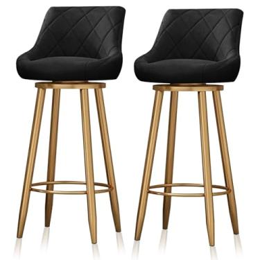 Imagem de Conjunto de 2 bancos de bar giratórios, modernos bancos estofados de veludo com encosto e pernas de metal dourado, cadeiras ilha com apoio para os pés, preto, 65 cm