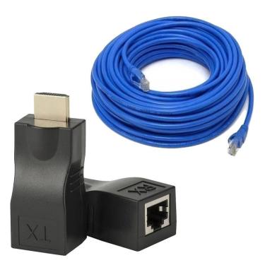 Imagem de Kit Extensor Hdmi 30m Via Cabo Rj45 + Cabo De Rede 20 Metros