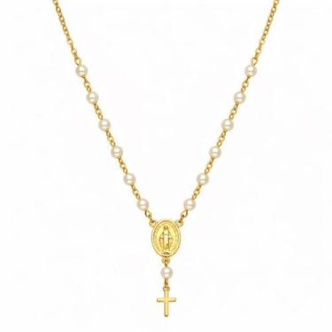 Imagem de Colar Terço Pérola Nossa Senhora Milagrosa Banhado a Ouro - Lazzuli Jo