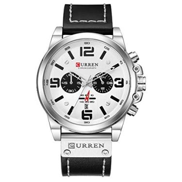 Imagem de CURREN Cronógrafo tendência da moda multifuncional relógio de quartzo à prova d'água pulseira de couro relógio militar, Prateado, branco, Luxuoso