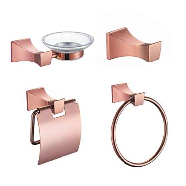 Imagem de Acessórios Hardawre para banheiro Anel de barra de trilho pendurado para toalheiro Suporte de papel de ouro rosa antigo Escova de banheiro Robe Saboneteira Copo cabide, conjunto de 4 peças