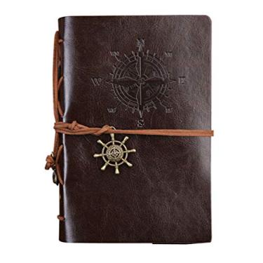 Imagem de 1 caderno de couro NUOBESTY náutico com pingentes clássicos, relevo vintage, espiral, diário de viagem, escrita, bloco de notas - médio (café)
