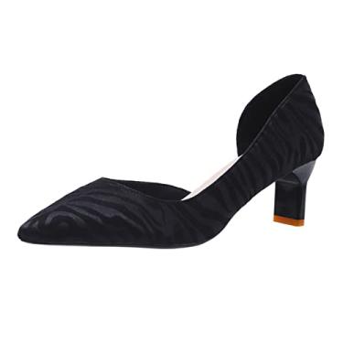 Imagem de Sandálias sem cadarço para mulheres senhoras moda colorida listrada bico fino cano baixo salto alto grosso (preto, 7)