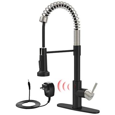 Imagem de GIMILI Torneira de cozinha sem toque com pulverizador de puxar para baixo, sensor de movimento inteligente ativada com mãos livres torneira de alça única para pia de cozinha com adaptador AC, preto fosco e níquel escovado