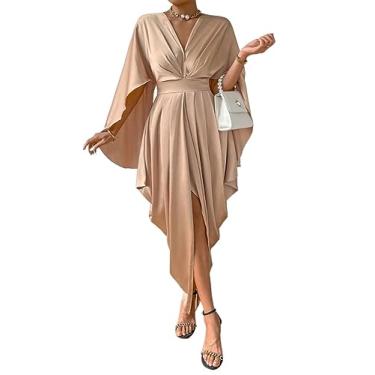 Imagem de Camisa Feminina Solid Cloak Sleeve Asymmetrical Hem Dress (Color : Champagne, Size : CH)