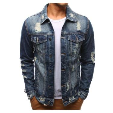 Imagem de Jaqueta jeans masculina, cor sólida, com botões, caimento justo, vários bolsos, jaqueta de mendigo rasgada, Azul, XX-Large