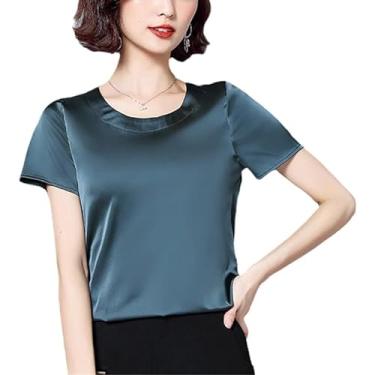 Imagem de Camisetas femininas de cetim manga curta verão gola redonda camisetas sólidas blusas casuais, Azul pavão, G