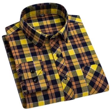 Imagem de Camisa xadrez masculina de manga comprida com bolso único e ajuste padrão de flanela, 7707, P
