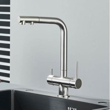 Imagem de Torneira de cozinha retrátil de latão cromado com filtro, alça dupla, água potável quente e fria, filtro de 3 vias, torneiras misturadoras de purificação, níquel escovado