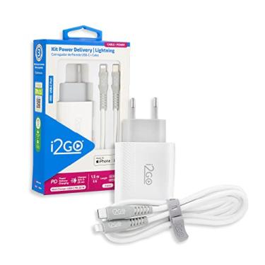 Imagem de Kit Carregador de Parede Ultra Rápido com 1 Saída USB-C Power Delivery 20W + Cabo iPhone/Lightning + USB-C i2GO Certificado MFi 1,5m 3A Branco