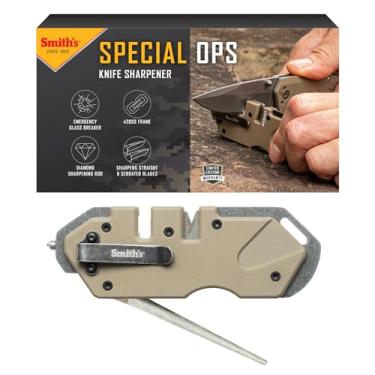 Imagem de Smith's 50980 Afiador de facas tático Pocket Pal – Desert Tan – Afiador de 2 estágios e haste de afiar diamante – Clipe de bolso – Faca de caça ao ar livre e afiador de gancho – Compacto e leve