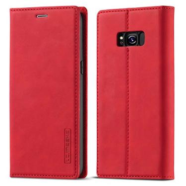 Imagem de EYZUTAK Capa para Samsung Galaxy S8, capa carteira vintage clássica de couro fosco flip estilo notebook com fecho magnético e compartimentos para cartão - vermelha