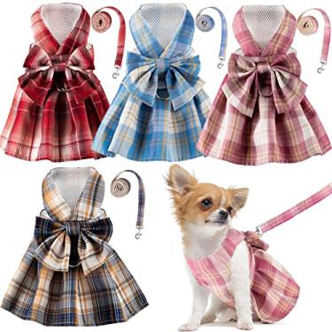 Imagem de 4 pçs vestido de cachorro xadrez gravata borboleta conjunto de coleira para cães pequenos cachorro fofo pet meninas roupas de verão para mulheres verão coelho roupas yorkie chihuahua treinamento caminhada, pequeno