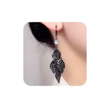 Imagem de Aneneiceera Brincos Punk Black Crystal Tassel Drop Cluster Strass Leaf Dangle Brincos Góticos CZ Franja Folha Borla Brincos Vintage Preto Lustre Joias para Mulheres, one size, Zinco, nah
