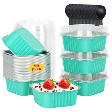 Imagem de Mini formas de bolo de 142 g/80 unidades com tampas, formas de bolo LNYZQUS de folha de alumínio para cupcake, lata de muffin, ramequins descartáveis, pequenos bolos, mini brownie, recipientes para
