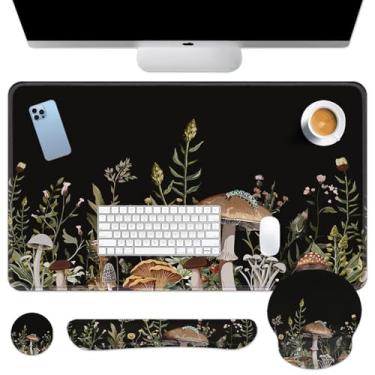 Imagem de Britimes Conjunto de mouse pad de teclado floral de cogumelo preto para mesa com flor 4 em 1 grande mousepad + teclado descanso de pulso + descanso de pulso para mouse + porta-copos design ergonômico