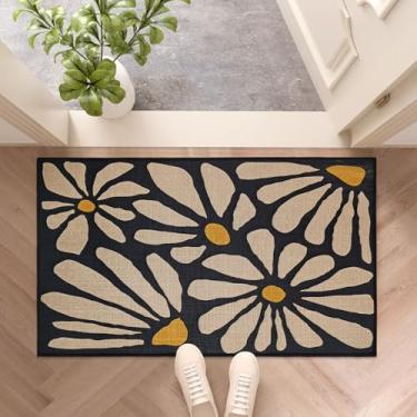 Imagem de Denifeiya Tapete de porta floral preto engraçado desenho animado exterior interior tapete bonito capacho frontal antiderrapante tapetes de entrada durável para entrada interior exterior tapetes de