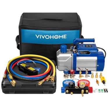 Imagem de Bomba de vácuo de estágio único VIVOHOME 110V 1/3 HP 5CFM para ar-condicionado e kit de manômetro de 4 vias com detector de vazamento, mangueiras de 1,5 m para R134a R12 R22 R502 R410a, climatização