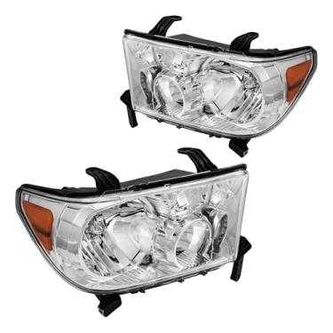 Imagem de PHILTOP Par de montagem de farol adequado para Tundra 2007-2009 2011-2013, Sequoia 2008-2017, alojamento cromado de lente transparente refletor âmbar, OE 81150-0C050, 81110-0C050, lado do motorista e