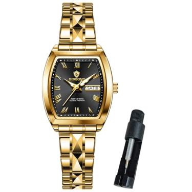 Imagem de BINBOND Relógio feminino quadrado, moderno, luxuoso, elegante, de aço inoxidável, relógio de pulso feminino, à prova d'água, luminoso, Relógio feminino com mostrador preto com pulseira dourada,