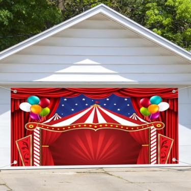 Imagem de Aodali Decorações de porta de garagem de carnaval de 20 x 18 m, tema de circo, balão curatin vermelho, decoração ao ar livre, barracas de parque de diversões, chá de bebê recém-nascido, suprimentos de