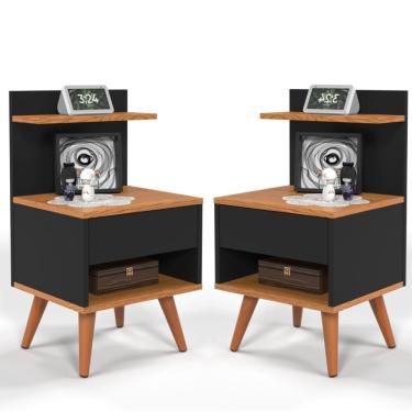 Imagem de Kit 2 Mesas de Cabeceira Para Quarto Pés Palito Retrô 1 Gaveta Sleep - Preto/Nature