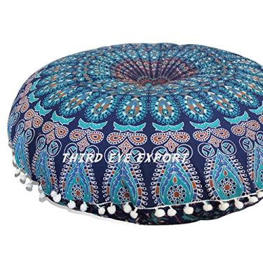 Imagem de Terceiro olho hippie decoração de quarto almofada de chão meditação boho capa de almofada exterior mandala azul 81 cm redondo boêmio sentado pufe sentado adulto marroquino indiano circular hippie círculo