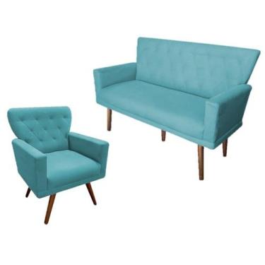Imagem de Kit Namoradeira + 1 Poltrona Decorativa Aurora Suede Azul Turquesa Pés