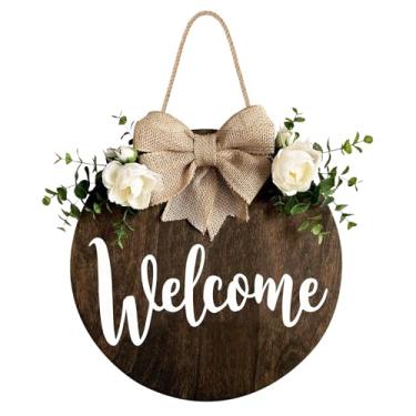 Imagem de Placa de decoração de inverno MayAvenue Welcome Wreaths, porta frontal, placa de madeira redonda para pendurar com laço de fita e folhas verdes artificiais, decoração de varanda para casa dia de ação de graças, marrom