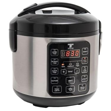 Imagem de Moss & Stone - Panela de arroz elétrica digital pequena, 4-8 xícaras, 10 configurações predefinidas, vaporizador de arroz marrom e branco, panela lenta com vaporizador para legumes, panela