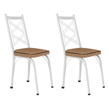 Imagem de Kit 2 Cadeiras De Cozinha Delaware Estampado Rattan Bege Pés De Ferro Branco