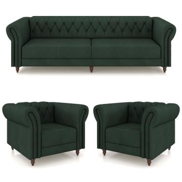 Imagem de Conjunto 1 Sofá Living 240cm E 2 Poltronas Stanford Chesterfield Pés Madeira Couro Verde G58 Gran Belo