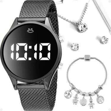 Imagem de Relogio Feminino Preto Digital Aço + Colar + Brincos + Caixa Pulseira Ajustavel Black Piano Academia