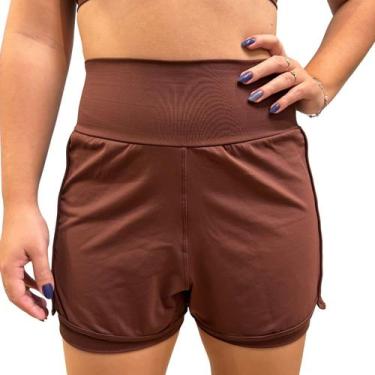 Imagem de Short Duplo Feminino Cós Alto Fitness Academia Poliamida Cacau - HERVI
