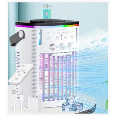 Imagem de Ar condicionado alimentado por bateria 6000 mAh, pequeno ar condicionado recarregável para quarto, refrigerador de ar pessoal com névoa, temporizador, luz, mini ventilador de refrigeração portátil